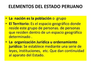 ELEMENTOS DEL ESTADO PERUANO
• La nación es la población o grupo
• El Territorio: Es el espacio geográfico donde
reside este grupo de personas. de personas
que residen dentro de un espacio geográfico
determinado .
• La organización Jurídica u ordenamiento
jurídico: Se establece mediante una serie de
leyes, instituciones, etc. Que dan continuidad
al aparato del Estado.
 