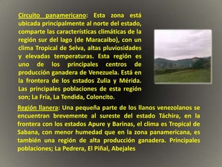 Circuito panamericano: Esta zona está
ubicada principalmente al norte del estado,
comparte las características climáticas de la
región sur del lago (de Maracaibo), con un
clima Tropical de Selva, altas pluviosidades
y elevadas temperaturas. Esta región es
uno de los principales centros de
producción ganadera de Venezuela. Está en
la frontera de los estados Zulia y Mérida.
Las principales poblaciones de esta región
son; La Fría, La Tendida, Coloncito.
Región llanera: Una pequeña parte de los llanos venezolanos se
encuentran brevemente al sureste del estado Táchira, en la
frontera con los estados Apure y Barinas, el clima es Tropical de
Sabana, con menor humedad que en la zona panamericana, es
también una región de alta producción ganadera. Principales
poblaciones; La Pedrera, El Piñal, Abejales
 