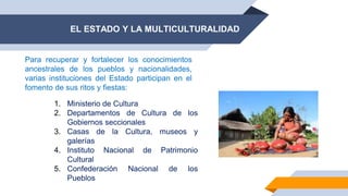 EL ESTADO Y LA MULTICULTURALIDAD
1. Ministerio de Cultura
2. Departamentos de Cultura de los
Gobiernos seccionales
3. Casas de la Cultura, museos y
galerías
4. Instituto Nacional de Patrimonio
Cultural
5. Confederación Nacional de los
Pueblos
Para recuperar y fortalecer los conocimientos
ancestrales de los pueblos y nacionalidades,
varias instituciones del Estado participan en el
fomento de sus ritos y fiestas:
 