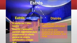Estrés
Distrés
Eutrés
• El prefijo (dis =
imperfección, dificultad)
• Es un estrés que
ocasiona un exceso de
esfuerzo en relación a la
carga
• El prefijo (eu = bien,
bueno)
• Emoción y sensación
parecen organizarse para
proporcionar un efecto
general de alegría,
satisfacción y energía
 