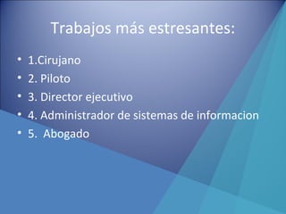 Trabajos más estresantes:
• 1.Cirujano
• 2. Piloto
• 3. Director ejecutivo
• 4. Administrador de sistemas de informacion
• 5. Abogado
 