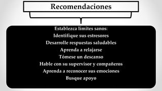 Recomendaciones
Establezca límites sanos:
Identifique sus estresores
Desarrolle respuestas saludables
Aprenda a relajarse
Tómese un descanso
Hable con su supervisor y compañeros
Aprenda a reconocer sus emociones
Busque apoyo
 