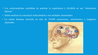 • Los estructuralistas confiaban en analizar la experiencia y dividirla en sus “estructuras
básicas”
• Debía analizar la conciencia reduciéndola a sus unidades elementales.
• La mente humana consistía en más de 30.000 sensaciones, sentimientos e imágenes
separadas.
 