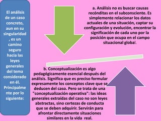 El análisis
de un caso
concreto,
aun en su
singularidad
, es un
camino
seguro
hacia las
leyes
generales
del tema
considerado
en él.
Principalme
nte por lo
siguiente:

a. Análisis no es buscar causas
recónditas en el subconsciente. Es
simplemente relacionar los datos
actuales de una situación, captar su
configuración y evolución, encontrar la
significación de cada uno por la
posición que ocupa en el campo
situacional global.

b. Conceptualización es algo
pedagógicamente esencial después del
análisis. Significa que es preciso formular
expresamente los conceptos clave que se
deducen del caso. Pero se trata de una
"conceptualización operativa": las ideas
generales extraídas del caso no son leyes
abstractas, sino certezas de conducta
que se deben adquirir. Servirán para
afrontar directamente situaciones
similares en la vida real.

 
