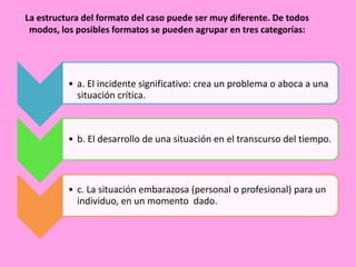 La estructura del formato del caso puede ser muy diferente. De todos
modos, los posibles formatos se pueden agrupar en tres categorías:

• a. El incidente significativo: crea un problema o aboca a una
situación crítica.

• b. El desarrollo de una situación en el transcurso del tiempo.

• c. La situación embarazosa (personal o profesional) para un
individuo, en un momento dado.

 