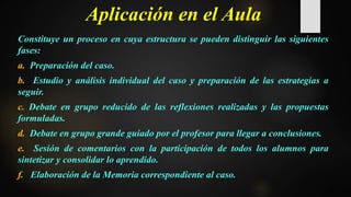 Aplicación en el Aula
Constituye un proceso en cuya estructura se pueden distinguir las siguientes
fases:
a. Preparación del caso.
b. Estudio y análisis individual del caso y preparación de las estrategias a
seguir.
c. Debate en grupo reducido de las reflexiones realizadas y las propuestas
formuladas.
d. Debate en grupo grande guiado por el profesor para llegar a conclusiones.
e. Sesión de comentarios con la participación de todos los alumnos para
sintetizar y consolidar lo aprendido.
f. Elaboración de la Memoria correspondiente al caso.
 