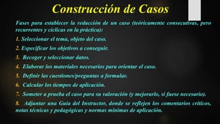Construcción de Casos 
Fases para establecer la redacción de un caso (teóricamente consecutivas, pero 
recurrentes y cíclicas en la práctica): 
1. Seleccionar el tema, objeto del caso. 
2. Especificar los objetivos a conseguir. 
3. Recoger y seleccionar datos. 
4. Elaborar los materiales necesarios para orientar el caso. 
5. Definir las cuestiones/preguntas a formular. 
6. Calcular los tiempos de aplicación. 
7. Someter a prueba el caso para su valoración (y mejorarlo, si fuese necesario). 
8. Adjuntar una Guía del Instructor, donde se reflejen los comentarios críticos, 
notas técnicas y pedagógicas y normas mínimas de aplicación. 
 