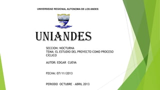 UNIVERSIDAD REGIONAL AUTONOMA DE LOS ANDES

SECCION: NOCTURNA
TEMA: EL ESTUDIO DEL PROYECTO COMO PROCESO
CÍCLICO
AUTOR: EDGAR CUEVA
FECHA: 07/11/2013
PERIODO OCTUBRE – ABRIL 2013

 