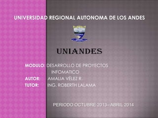 MODULO: DESARROLLO DE PROYECTOS
INFOMATICO
AUTOR:
AMALIA VÈLEZ R.
TUTOR:
ING. ROBERTH LALAMA

PERIODO OCTUBRE 2013– ABRIL 2014

 