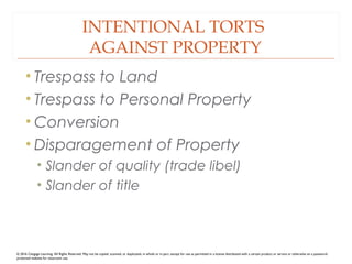 INTENTIONAL TORTS
AGAINST PROPERTY
• Trespass to Land
• Trespass to Personal Property
• Conversion
• Disparagement of Property
• Slander of quality (trade libel)
• Slander of title
© 2016 Cengage Learning. All Rights Reserved. May not be copied, scanned, or duplicated, in whole or in part, except for use as permitted in a license distributed with a certain product or service or otherwise on a password-
protected website for classroom use.
 