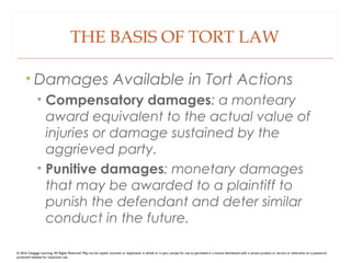THE BASIS OF TORT LAW
• Damages Available in Tort Actions
• Compensatory damages: a monteary
award equivalent to the actual value of
injuries or damage sustained by the
aggrieved party.
• Punitive damages: monetary damages
that may be awarded to a plaintiff to
punish the defendant and deter similar
conduct in the future.
© 2016 Cengage Learning. All Rights Reserved. May not be copied, scanned, or duplicated, in whole or in part, except for use as permitted in a license distributed with a certain product or service or otherwise on a password-
protected website for classroom use.
 