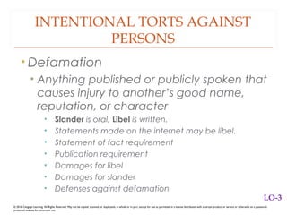 INTENTIONAL TORTS AGAINST
PERSONS
• Defamation
• Anything published or publicly spoken that
causes injury to another’s good name,
reputation, or character
• Slander is oral, Libel is written.
• Statements made on the internet may be libel.
• Statement of fact requirement
• Publication requirement
• Damages for libel
• Damages for slander
• Defenses against defamation
© 2016 Cengage Learning. All Rights Reserved. May not be copied, scanned, or duplicated, in whole or in part, except for use as permitted in a license distributed with a certain product or service or otherwise on a password-
protected website for classroom use.
LO-3
 
