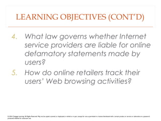 LEARNING OBJECTIVES (CONT’D)
4. What law governs whether Internet
service providers are liable for online
defamatory statements made by
users?
5. How do online retailers track their
users’ Web browsing activities?
© 2016 Cengage Learning. All Rights Reserved. May not be copied, scanned, or duplicated, in whole or in part, except for use as permitted in a license distributed with a certain product or service or otherwise on a password-
protected website for classroom use.
 