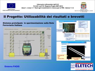Il Progetto: Utilizzabilità dei risultati e brevetti
UNIONE EUROPEA
FONDO EUROPEO DI SVILUPPO REGIONALE
REGIONE PUGLIA
AREA POLITICHE PER LO SVILUPPO IL LAVORO
E L’INNOVAZIONE
Intervento cofinanziato dall’U.E.
F.E.S.R. sul P.O. Regione Puglia 2007-2013
Asse I – Linea 1.1 “Aiuti agli investimenti in ricerca per le PMI - Azione 1.1.2
Sistema prototipale in sperimentazione sulla Rete
Ferroviaria Italiana
Sistema PADIS
 