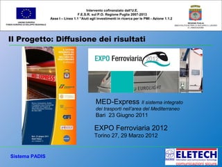 Il Progetto: Diffusione dei risultati
UNIONE EUROPEA
FONDO EUROPEO DI SVILUPPO REGIONALE
REGIONE PUGLIA
AREA POLITICHE PER LO SVILUPPO IL LAVORO
E L’INNOVAZIONE
Intervento cofinanziato dall’U.E.
F.E.S.R. sul P.O. Regione Puglia 2007-2013
Asse I – Linea 1.1 “Aiuti agli investimenti in ricerca per le PMI - Azione 1.1.2
Sistema PADIS
MED-Express Il sistema integrato
dei trasporti nell’area del Mediterraneo
Bari 23 Giugno 2011
EXPO Ferroviaria 2012
Torino 27, 29 Marzo 2012
 