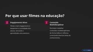 Por que usar filmes na educação?
Engajamento Ativo
Filmes criam engajamento e
despertam a curiosidade dos
alunos, tornando o
aprendizado uma aventura.
Conteúdo
Multidisciplinar
Permitem trabalhar
conteúdos multidisciplinares
de forma lúdica e reflexiva,
conectando diversas áreas do
conhecimento.
 