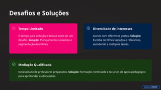 Desafios e Soluções
Tempo Limitado
O tempo para exibição e debate pode ser um
desafio. Solução: Planejamento cuidadoso e
segmentação dos filmes.
Diversidade de Interesses
Alunos com diferentes gostos. Solução:
Escolha de filmes variados e relevantes,
atendendo a múltiplos temas.
Mediação Qualificada
Necessidade de professores preparados. Solução: Formação continuada e recursos de apoio pedagógico
para aprofundar as discussões.
 