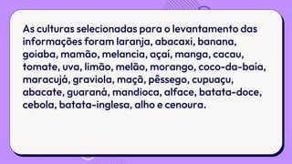 As culturas selecionadas para o levantamento das
informações foram laranja, abacaxi, banana,
goiaba, mamão, melancia, açaí, manga, cacau,
tomate, uva, limão, melão, morango, coco-da-baía,
maracujá, graviola, maçã, pêssego, cupuaçu,
abacate, guaraná, mandioca, alface, batata-doce,
cebola, batata-inglesa, alho e cenoura.
 
