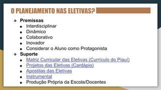 O PLANEJAMENTO NAS ELETIVAS?
❖ Premissas
■ Interdisciplinar
■ Dinâmico
■ Colaborativo
■ Inovador
■ Considerar o Aluno como Protagonista
❖ Suporte
■ Matriz Curricular das Eletivas (Currículo do Piauí)
■ Projetos das Eletivas (Cardápio)
■ Apostilas das Eletivas
■ Instrumental
■ Produção Própria da Escola/Docentes
 