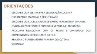 ORIENTAÇÕES
1. ESCOLHER UMA ELETIVA PARA ELABORAÇÃO COLETIVA
2. ORGANIZAR O MATERIAL A SER UTILIZADO
3. ESCOLHER UM COORDENADOR DE GRUPO PARA DIGITAR O PLANO.
4. OS DEMAIS PROFESSORES CONTRIBUEM PARA A ELABORAÇÃO.
5. PROCURAR RELACIONAR COM OS TEMAS E CONTEÚDOS DOS
COMPONENTES CURRICULARES DA FGB.
6. REALIZAR O PLANEJAMENTO PARA UM CICLO/TEMA.
7. SOCIALIZAR
 
