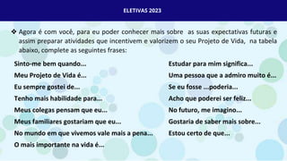 ELETIVAS 2023
❖ Agora é com você, para eu poder conhecer mais sobre as suas expectativas futuras e
assim preparar atividades que incentivem e valorizem o seu Projeto de Vida, na tabela
abaixo, complete as seguintes frases:
Sinto-me bem quando...
Meu Projeto de Vida é...
Eu sempre gostei de...
Tenho mais habilidade para...
Meus colegas pensam que eu...
Meus familiares gostariam que eu...
No mundo em que vivemos vale mais a pena...
O mais importante na vida é...
Estudar para mim significa...
Uma pessoa que a admiro muito é...
Se eu fosse ...poderia...
Acho que poderei ser feliz...
No futuro, me imagino...
Gostaria de saber mais sobre...
Estou certo de que...
 