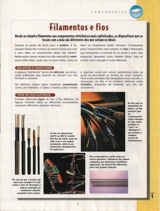 COMPONENTES

~ilamfntos

f

fios

Desde os simples fi lamentos aos componentes eletrônicos mais sofisticados, os dispositivos que se
tocam cem a mão são diferentes dos que seriam os ideais
Quando se passa da teoria para a prática,

é ne-

cessário baixar das nuvens; da mesma forma que com
o carro ideal, os componentes

lêem os respectivos

dados técnicos.

Começamos

pelos componentes mais simples: os fios e filamentos

ideais não existem.

que transportam a corrente de um ponto a outro. Nos

Nesta seção vamos ocupar-nos dos dispositivos reais:

esquemas aparecem como simples linhas, mas no

como estão feitos, quais são os s~_uslimites, como se

mundo real a situação é muito diferente.

ISOLANTES E CONDUTORES
A palavra "eletrônica" deriva de elétrons, as minúsculas partículas que quando se movem nos fios
formam a corrente.

e algumas vezes por outras substâncias entre as
quais se encontram os tecidos do corpo humano.
Para evitar contatos não desejados (curto-circuito) e
descargas, os fios e os contatos elétricos estão
isolados,
revestidos de materiais que não são
condutores.

Os elétrons· viajam pelos materiais condutores
como, por exemplo, o cobre e muitos outros metais
TIPOS DE FIOS ELETRICOS
Existem diferentes tipos de fios e fios elétricos. As
figuras mostram como as diferentes necessidades
requerem diferentes soluções técnicas.

Os fios de alimentação
(127V ou 220 V) contêm
três fios de cobre, cada um
deles com o seu próprio
isolamento, além de um
isolamento complementar
de segurança. .

Os fios para as
instalações de
áudio e ,os fios
coaxiais para
as
comunicações
estão rodeados
de uma malha
metálica (o
"terra" ou
"blindagem")
que protege o
condutor
central de
interferências.

Nos computadores, assim como em
outros aparelhos, utilizam-se fios planos
compostos por numerosos condutores
adjacentes. Se fossem fios diferentes,
seria uma grande confusão.

No caso de que a tensão seja
baixa (por exemplo 9 V) não
existe o risco de descargas e
pode-se empregar um
isolamento reduzido,
poupando assim espaço.

lItÃO

1
1

 