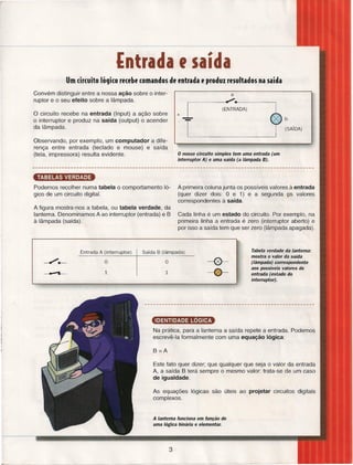 (ntrada

f

saída

Um circuito lógico recebe comandos de entrada e produz resultados na saída
Convém distinguir entre a nossa ação sobre o interruptor e o seu efeito sobre a lâmpada.

a

~--------~~~--------,

o circuito

recebe na entrada (Input) a ação sobre
o interruptor e produz na saída (output) o acender
da lâmpada.

+

b

o nosso circuito simples tem uma entrada (um
interruptor A) e uma saída (a lâmpada B).

ló-

A figura mostra-nos a tabela, ou tabela verdade, da
lanterna. Denominamos A ao interruptor (entrada) e B
à lâmpada (saída).

Entrada A (interruptor)

(ENTRADA)

(SAíDA)

Observando, por exemplo, um computador
a diferença entre entrada (teclado e mouse) e saída
(tela, impressora) resulta evidente.

Podemos recolher numa tabela o comportamento
gico de um circuito digital.

I

A primeira coluna junta os possíveis valores à entrada
(quer dizer dois: O e 1) e a segunda 9S valores
correspondentes à saída.
Cada linha é um estado do circuito. Por exemplo, na
primeira linha a entrada é zero (interruptor aberto) e
por isso a saída tem que ser zero (lâmpada apagada).

Tabela verdade da lanterna:
mostra o valor da saída
(lâmpada) correspondente
aos possíveis valores de
entrada (estado do
interruptor) .

Saída B (lâmpada)

o

o

1

1

.~

..

..

Na prática, para a lanterna a saída repete a entrada. Podemos
escrevê-Ia formalmente com uma equação lógica:

Este fato quer dizer; que qualquer que seja o valor da entrada
A, a saída B terá sempre o mesmo valor: trata-se de um caso
de igualdade.
As equações
complexos.

lógicas são úteis ao projetar

A lanterna funciona em função de
uma lógica binária e elementar.

3

circuitos digitais

 