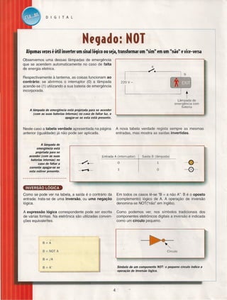 DIGITAL

Negado: NOl
Algumas

V~I~S é útil

inv~rt~r um sinal lógico ou s~jar transformar um "sim" em um "não" ~ vic~-v~rsa

Observemos uma dessas lâmpadas de emergência
que se acendem automaticamente no caso de falta
de energia eletrica.

a

--------4~.-------_,

Respectivamente à lanterna, as coisas funcionam ao
contrário: se abrirmos o interruptor (O) a lâmpada
acende-se (1) utilizando a sua bateria de emergência
incorporada.

220

v-

t

Lâmpada de
emergência com
bateria
A lâmpada de emergência está projetada para se acender
(com as suas baterias internas) no caso de faltar luz, e
apagar-se se esta está presente.

A nova tabela verdade regista sempre as mesmas
entradas, mas mostra as saídas invertidas.

Neste caso a tabela verdade apresentada na página
anterior (igualdade) já não pode ser aplicada.

A lâmpada de
emergência está
projetada para se
acender (com as suas
baterias internas) no
caso de faltar a
corrente apagar-se se
esta estiver presente.

Entrada A (interruptor)

Saída B (lâmpada)

o

1

1

O

~
Como se pode ver na tabela, a saída é o contrário da
entrada: trata-se de uma inversão, ou uma negação
lógica.

Em todos os casos lê-se "8 = a não A": B é o oposto
(complemento) lógico de A. A operação de inversão
denomina-se NOT("não" em Inglês).

A expressão lógica correspondente pode ser escrita
de várias formas. Na eletrônica são utilizadas convenções equivalentes.

Como podemos ver, nos símbolos tradicionais dos
componentes eletrônicos digitais a inversão é indicada
como um círculo pequeno.

B=A
B = NOT A
B =

Círculo

IA
Símbolo de um componente NOT: o pequeno círculo indica a
operação de inversão lógica.

B = A'

4

 
