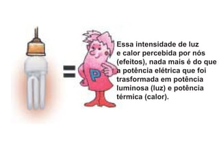 Essa intensidade de luz
e calor percebida por nós
(efeitos), nada mais é do que
a potência elétrica que foi
trasformada em potência
luminosa (luz) e potência
térmica (calor).
 