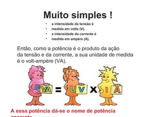 Muito simples !
• a intensidade da tensão é
• medida em volts (V).
• a intensidade da corrente é
• medida em ampère (A).
Então, como a potência é o produto da ação
da tensão e da corrente, a sua unidade de medida
é o volt-ampère (VA).
A essa potência dá-se o nome de potência
 