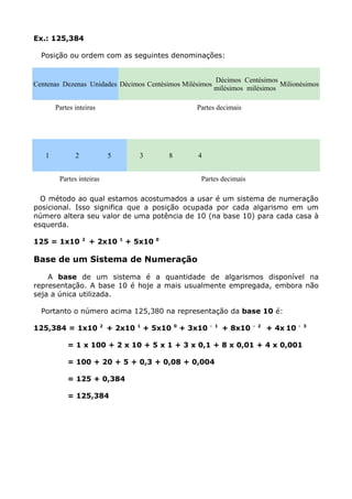 Ex.: 125,384

  Posição ou ordem com as seguintes denominações:


                                                                     Décimos Centésimos
Centenas Dezenas Unidades Décimos Centésimos Milésimos                                   Milionésimos
                                                                     milésimos milésimos

       Partes inteiras                                        Partes decimais




   1          2               5          3         8           4


        Partes inteiras                                        Partes decimais

  O método ao qual estamos acostumados a usar é um sistema de numeração
posicional. Isso significa que a posição ocupada por cada algarismo em um
número altera seu valor de uma potência de 10 (na base 10) para cada casa à
esquerda.
                  2               1            0
125 = 1x10            + 2x10          + 5x10

Base de um Sistema de Numeração

    A base de um sistema é a quantidade de algarismos disponível na
representação. A base 10 é hoje a mais usualmente empregada, embora não
seja a única utilizada.

  Portanto o número acima 125,380 na representação da base 10 é:
                          2             1              0            - 1            - 2             - 3
125,384 = 1x10                + 2x10        + 5x10         + 3x10         + 8x10         + 4x 10

           = 1 x 100 + 2 x 10 + 5 x 1 + 3 x 0,1 + 8 x 0,01 + 4 x 0,001

           = 100 + 20 + 5 + 0,3 + 0,08 + 0,004

           = 125 + 0,384

           = 125,384
 