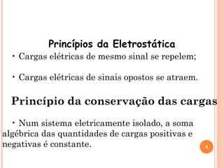 Princípio da atração e repulsão
• Cargas elétricas de mesmo sinal se repelem;
• Cargas elétricas de sinais opostos se atraem.
Princípio da conservação das cargas
• Num sistema eletricamente isolado, a soma
algébrica das quantidades de cargas positivas e
negativas é constante.
Princípios da Eletrostática
5
 