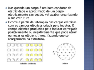  Mas quando um corpo é um bom condutor de
eletricidade é aproximado de um corpo
eletricamente carregado, vai acabar organizando
a sua estrutura.
 Ocorre a partir da interação das cargas elétricas
com os campos elétricos criada pelo indutor. O
campo elétrico produzido pelo indutor carregado
positivamente ou negativamente que pode atrair
ou negar os elétrons livres, fazendo que se
reorganizem na estrutura.
 