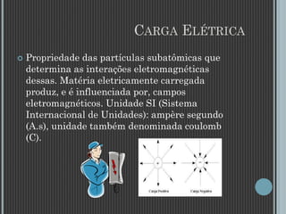 CARGA ELÉTRICA
 Propriedade das partículas subatômicas que
determina as interações eletromagnéticas
dessas. Matéria eletricamente carregada
produz, e é influenciada por, campos
eletromagnéticos. Unidade SI (Sistema
Internacional de Unidades): ampère segundo
(A.s), unidade também denominada coulomb
(C).
 