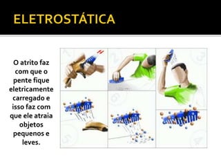 O atrito faz
com que o
pente fique
eletricamente
carregado e
isso faz com
que ele atraia
objetos
pequenos e
leves.
 