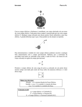 Eletricidade Maurí cio R.L.
9
Figura 10
Com as cargas elétricas o fenômeno é semelhante, um corpo eletrizado cria em torno
de si um campo elétrico. Cada ponto desse campo é caracterizado por um vetor campo
elétrico E. Qualquer carga colocada num desses pontos ficará submetida a uma foça
elétrica. A grande diferença aqui é que a força poderá ser de atração ou repulsão.
Figura 11
Para determinarmos o módulo do vetor campo elétrico podemos recorrer a analogia
feita anteriormente com o campo gravitacional. Sabemos que a aceleração da
gravidade local pode ser calculada como sendo a razão do Peso e da massa de um
corpo colocado na região do campo gravitacional.
m
P
g =
Portanto o campo elétrico de uma carga de prova q colocada em um ponto desse
mesmo campo será dado pela razão da Força sobre ela (natureza elétrica) e o valor
dessa carga.
q
F
E =
DIREÇÃO E SENTIDO:
Direção → É a mesma direção da Força Elétrica.
Sentido → se q > 0, o sentido é o mesmo da força;
se q < 0, o sentido é o contrário da força.
UNIDADES NO SI:
q→ carga elétrica ⇒ Coulomb (C)
F → Força Elétrica ⇒ Newton (N)
E → Campo Elétrico ⇒ Newton/Coulomb (N/C)
P
m
 
