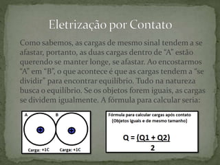 Como sabemos, as cargas de mesmo sinal tendem a se
afastar, portanto, as duas cargas dentro de “A” estão
querendo se manter longe, se afastar. Ao encostarmos
“A” em “B”, o que acontece é que as cargas tendem a “se
dividir” para encontrar equilíbrio. Tudo na natureza
busca o equilíbrio. Se os objetos forem iguais, as cargas
se dividem igualmente. A fórmula para calcular seria:
 
