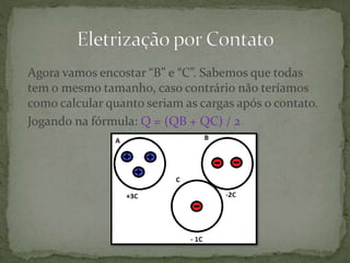 Agora vamos encostar “B” e “C”. Sabemos que todas
tem o mesmo tamanho, caso contrário não teríamos
como calcular quanto seriam as cargas após o contato.
Jogando na fórmula: Q = (QB + QC) / 2
 