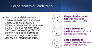 Corpo neutro ou eletrizado
• Um corpo é eletricamente
neutro quando tem a mesma
quantidade de prótons e
elétrons (soma das cargas igual
a zero). Se houver diferença
entre o número de prótons e
elétrons, ele será eletrizado
positiva ou negativamente.
Observe a imagem ao lado.
Corpo eletricamente
neutro: para cada
próton existe um elétron.
Corpo eletrizado
positivamente: há mais
prótons que elétrons.
Corpo eletrizado
negativamente: há mais
elétrons que prótons.
 
