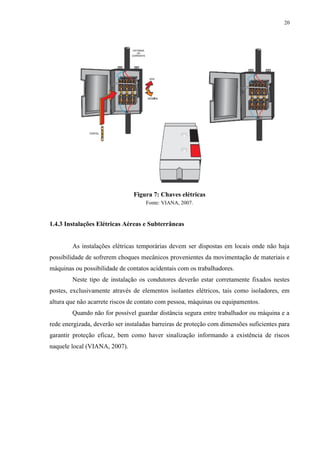 20
Figura 7: Chaves elétricas
Fonte: VIANA, 2007.
1.4.3 Instalações Elétricas Aéreas e Subterrâneas
As instalações elétricas temporárias devem ser dispostas em locais onde não haja
possibilidade de sofrerem choques mecânicos provenientes da movimentação de materiais e
máquinas ou possibilidade de contatos acidentais com os trabalhadores.
Neste tipo de instalação os condutores deverão estar corretamente fixados nestes
postes, exclusivamente através de elementos isolantes elétricos, tais como isoladores, em
altura que não acarrete riscos de contato com pessoa, máquinas ou equipamentos.
Quando não for possível guardar distância segura entre trabalhador ou máquina e a
rede energizada, deverão ser instaladas barreiras de proteção com dimensões suficientes para
garantir proteção eficaz, bem como haver sinalização informando a existência de riscos
naquele local (VIANA, 2007).
 