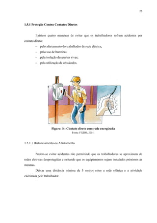 25
1.5.1 Proteção Contra Contatos Diretos
Existem quatro maneiras de evitar que os trabalhadores sofram acidentes por
contato direto:
- pelo afastamento do trabalhador de rede elétrica;
- pelo uso de barreiras;
- pela isolação das partes vivas;
- pela utilização de obstáculos.
Figura 14: Contato direto com rede energizada
Fonte: FILHO, 2001.
1.5.1.1 Distanciamento ou Afastamento
Podem-se evitar acidentes não permitindo que os trabalhadores se aproximem de
redes elétricas desprotegidas e evitando que os equipamentos sejam instalados próximos às
mesmas.
Deixar uma distância mínima de 5 metros entre a rede elétrica e a atividade
executada pelo trabalhador.
 