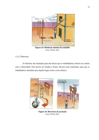 26
Figura 15: Distância mínima de trabalho
Fonte: FILHO, 2001.
1.5.1.2 Barreiras
As barreiras são instaladas para não deixar que os trabalhadores entrem em contato
com a eletricidade. Elas devem ser fixadas e firmes. Devem estar sinalizadas, para que os
trabalhadores entendam que naquele lugar existe o risco elétrico.
Figura 16: Barreiras de proteção
Fonte: FILHO, 2001.
 
