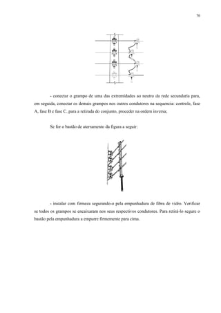 70
- conectar o grampo de uma das extremidades ao neutro da rede secundaria para,
em seguida, conectar os demais grampos nos outros condutores na sequencia: controle, fase
A, fase B e fase C. para a retirada do conjunto, proceder na ordem inversa;
Se for o bastão de aterramento da figura a seguir:
- instalar com firmeza segurando-o pela empunhadura de fibra de vidro. Verificar
se todos os grampos se encaixaram nos seus respectivos condutores. Para retirá-lo segure o
bastão pela empunhadura a empurre firmemente para cima.
 
