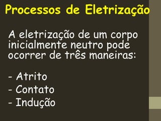 Processos de Eletrização 

A eletrização de um corpo
inicialmente neutro pode
ocorrer de três maneiras:
- Atrito
- Contato
- Indução
 