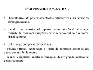 PROCESSAMENTO CENTRAL 
• O quarto nível de processamento dos estímulos visuais ocorre no 
corpo geniculado. 
• Ele deve ser considerado apenas como estação de relê, que 
consiste de conexões sinópticas entre o nervo óptico e o córtex 
visual cerebral. 
• Células que compõe o córtex visual: 
- células simples: respondem a linhas de contraste, como faixas 
claras em um fundo escuro 
- células complexas: recebe informações de um grande número de 
células simples 
 