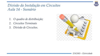 ENG003 – Eletricidade
Divisão da Instalação em Circuitos
Aula 14 - Sumário
1. O quadro de distribuição;
2. Circuitos Terminais
3. Divisão de Circuitos.
 