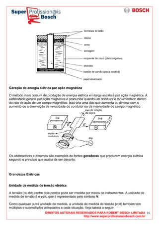 DIREITOS AUTORAIS RESERVADOS PARA ROBERT BOSCH LIMITADA
http://www.superprofissionaisbosch.com.br
16
Geração de energia elétrica por ação magnética
O método mais comum de produção de energia elétrica em larga escala é por ação magnética. A
eletricidade gerada por ação magnética é produzida quando um condutor é movimentado dentro
do raio de ação de um campo magnético. Isso cria uma ddp que aumenta ou diminui com o
aumento ou a diminuição da velocidade do condutor ou da intensidade do campo magnético.
Os alternadores e dínamos são exemplos de fontes geradoras que produzem energia elétrica
segundo o princípio que acaba de ser descrito.
Grandezas Elétricas
Unidade de medida de tensão elétrica
A tensão (ou ddp) entre dois pontos pode ser medida por meios de instrumentos. A unidade de
medida de tensão é o volt, que é representado pelo símbolo V.
Como qualquer outra unidade de medida, a unidade de medida de tensão (volt) também tem
múltiplos e submúltiplos adequados a cada situação. Veja tabela a seguir:
 