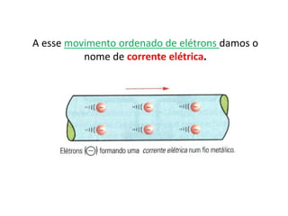 A esse movimento ordenado de elétrons damos o
nome de corrente elétrica.
 