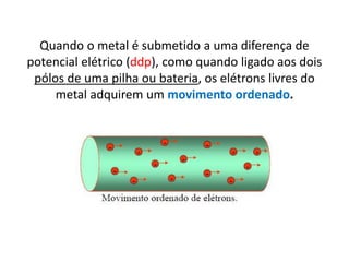Quando o metal é submetido a uma diferença de
potencial elétrico (ddp), como quando ligado aos dois
pólos de uma pilha ou bateria, os elétrons livres do
metal adquirem um movimento ordenado.
 