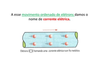 A esse movimento ordenado de elétrons damos o
nome de corrente elétrica.
 